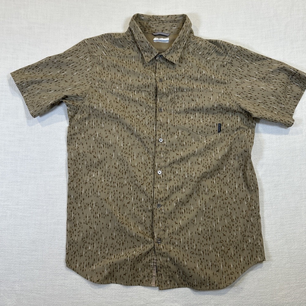 Columbia Shirt Mens Brown Button Up Short Sleeve Large Camping Tree Deer Print